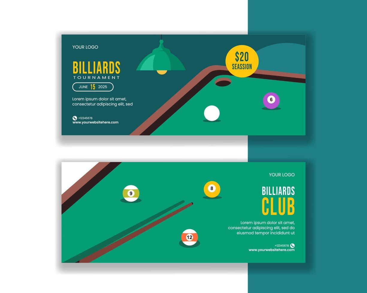 Flat Cartoon Hand-Drawn Illustration for Billiards Game Templates Horizontal Banner vector