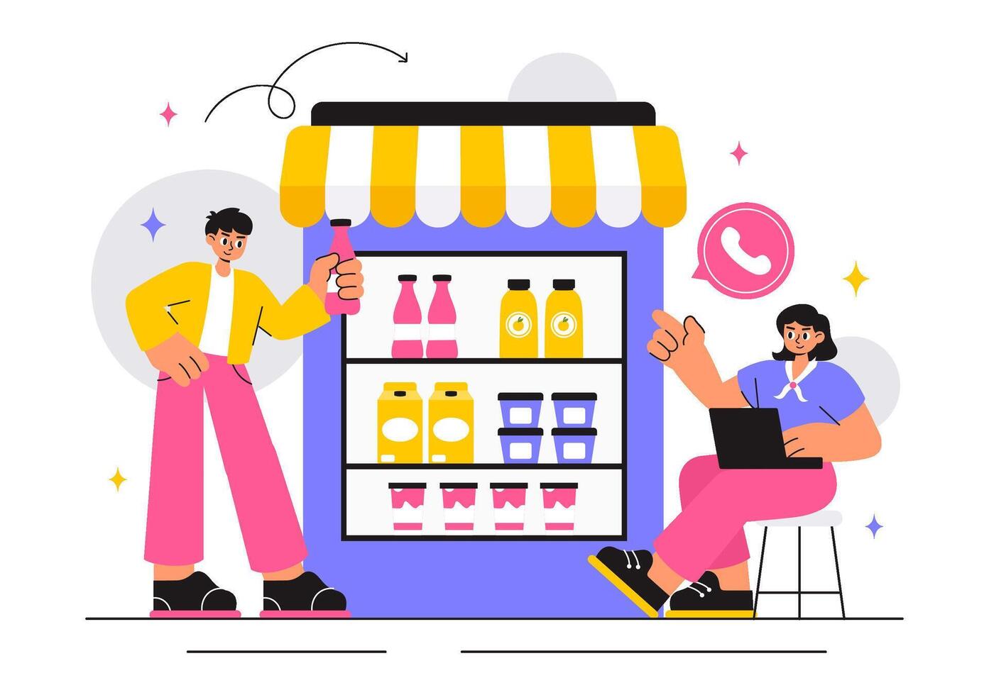 Shopping Concept of Online Grocery Store with Food Products and Drink Racks in the Background vector