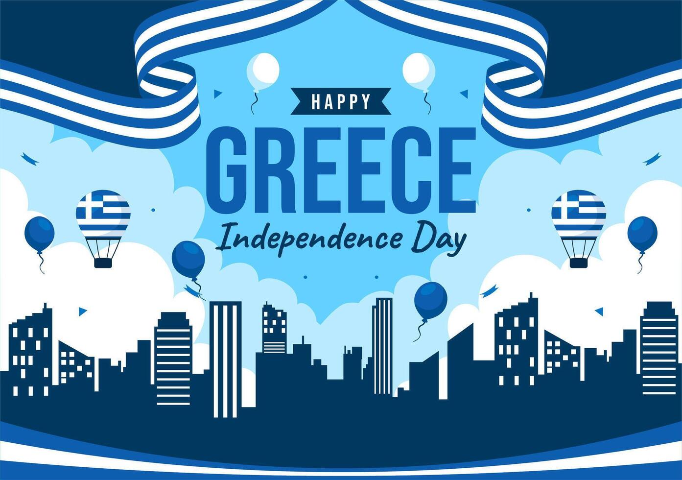 Greek Independence Day Design with National Flag and Ribbon in Cartoon Style for March 25th Celebration vector