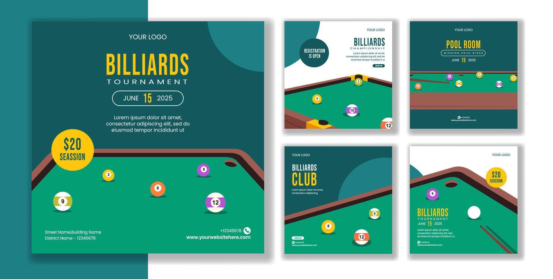 Billiards Game Illustration for Social Media Posts in Flat Cartoon Style vector