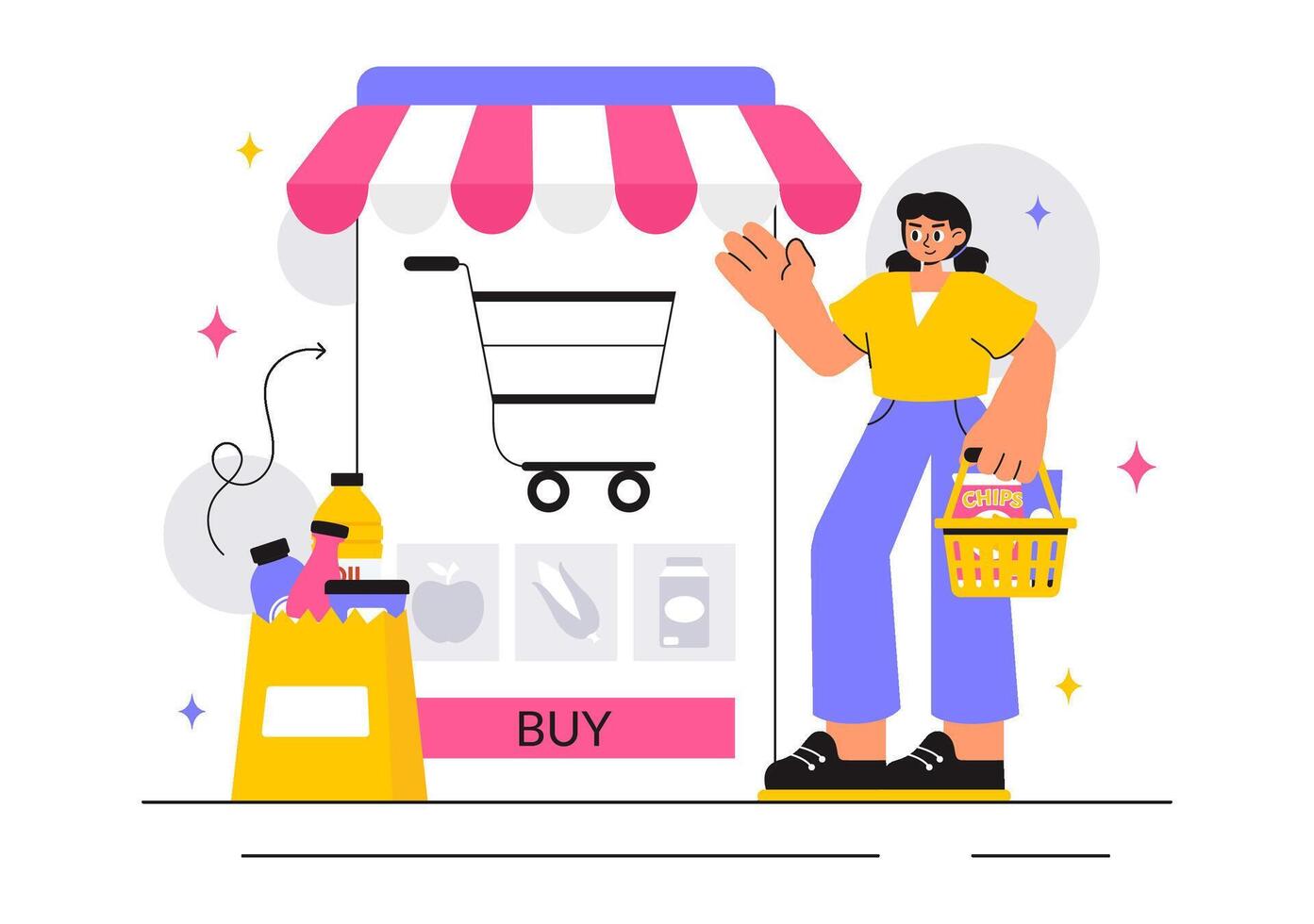Flat Style of an Online Grocery Store with Food Shelves and Telephone Shopping Concept vector