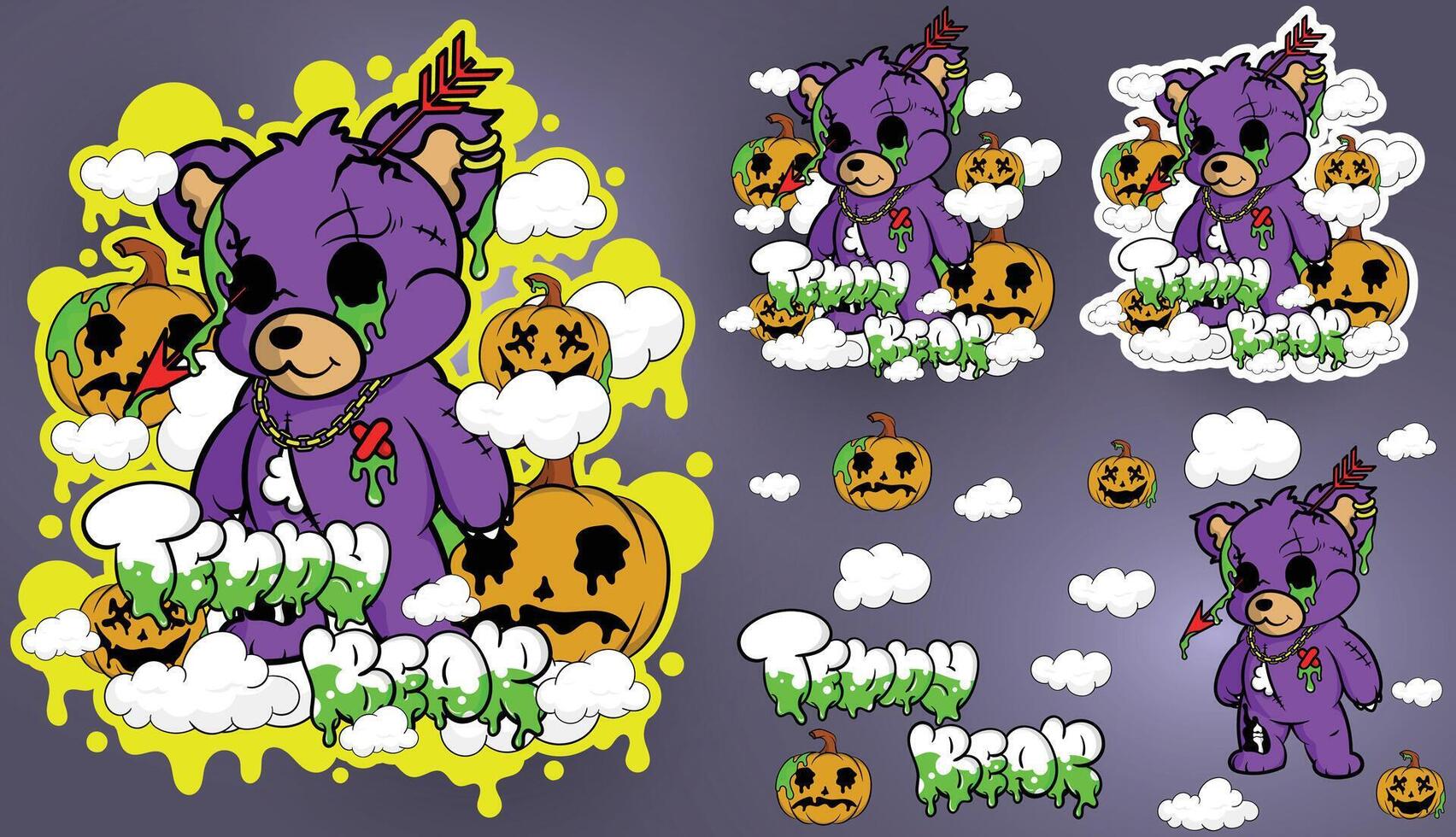 a purple teddy bear with a pumpkin on it vector