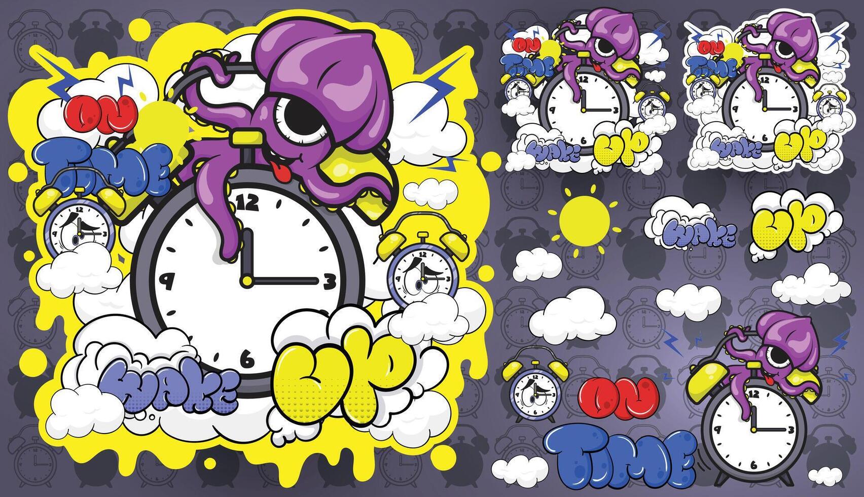 Cute octopus and clock popart t-shirt and sticker design vector