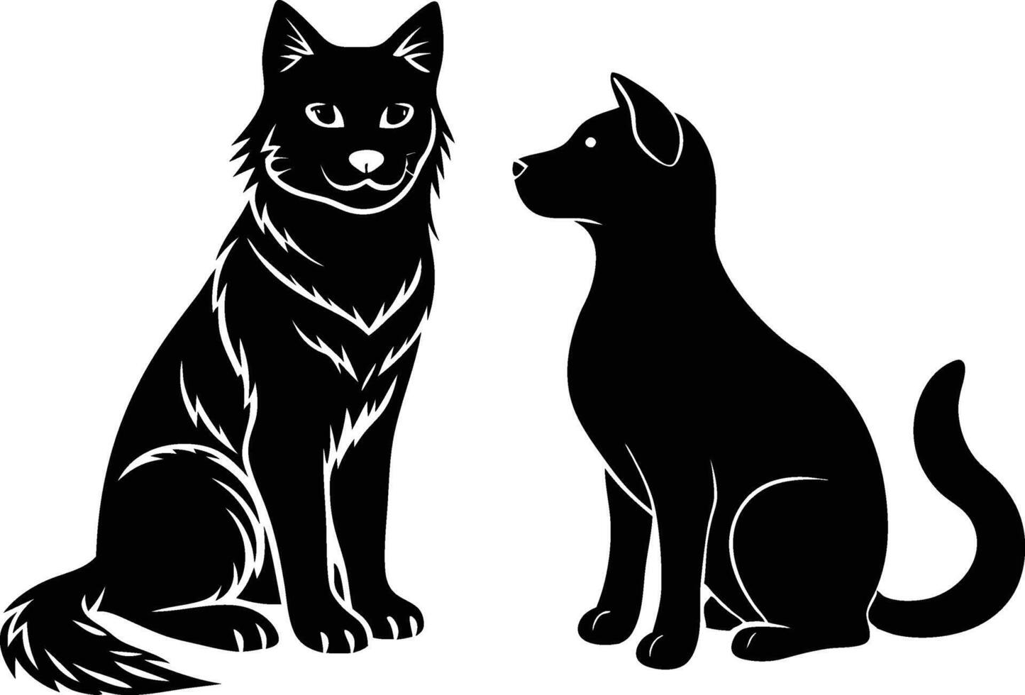 Silhouette Illustrations Wolf and Dog Sitting Poses, Black and White vector