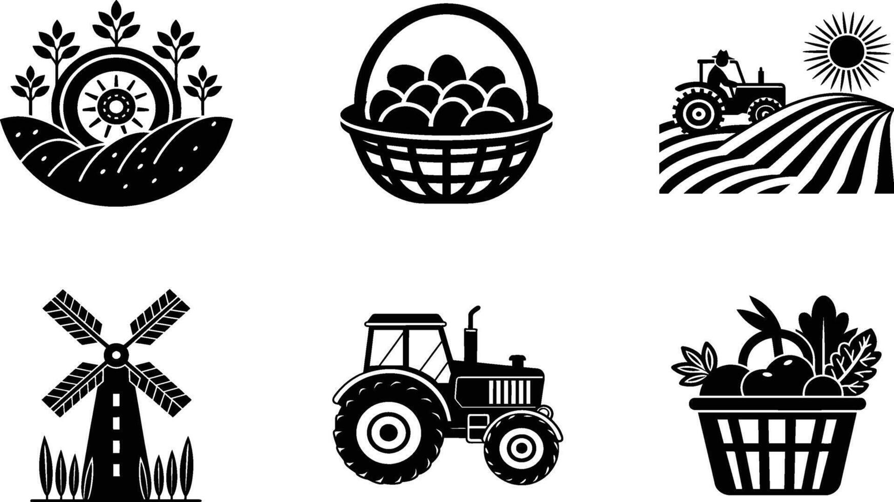 Farm Icons Tractor, Windmill, Harvest, Fields, Baskets, Crops vector