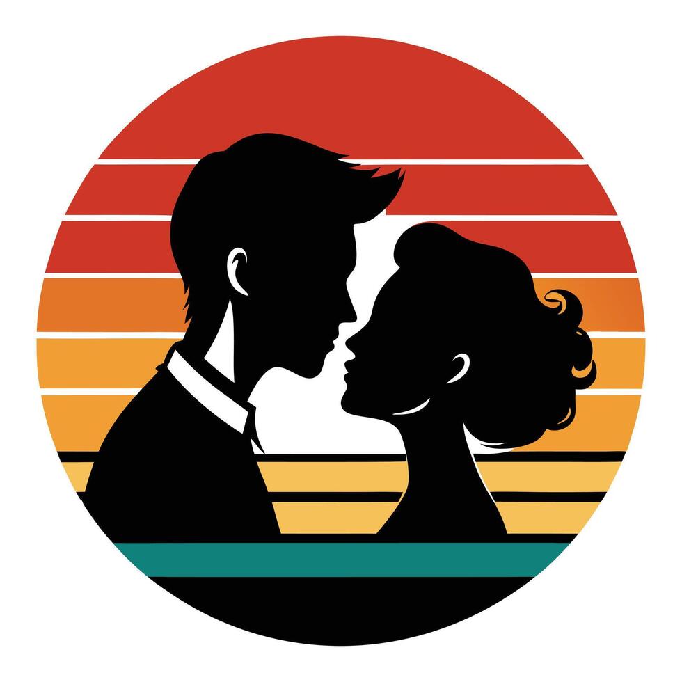 Romantic Silhouette Couple Sunset Kiss Retro Vintage Design vector