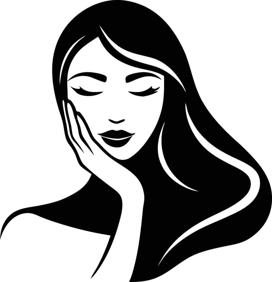 Elegant Womans Profile, Black and White, Long Hair, Serene Face, Beauty Icon, Simple Silhouette, Gra vector