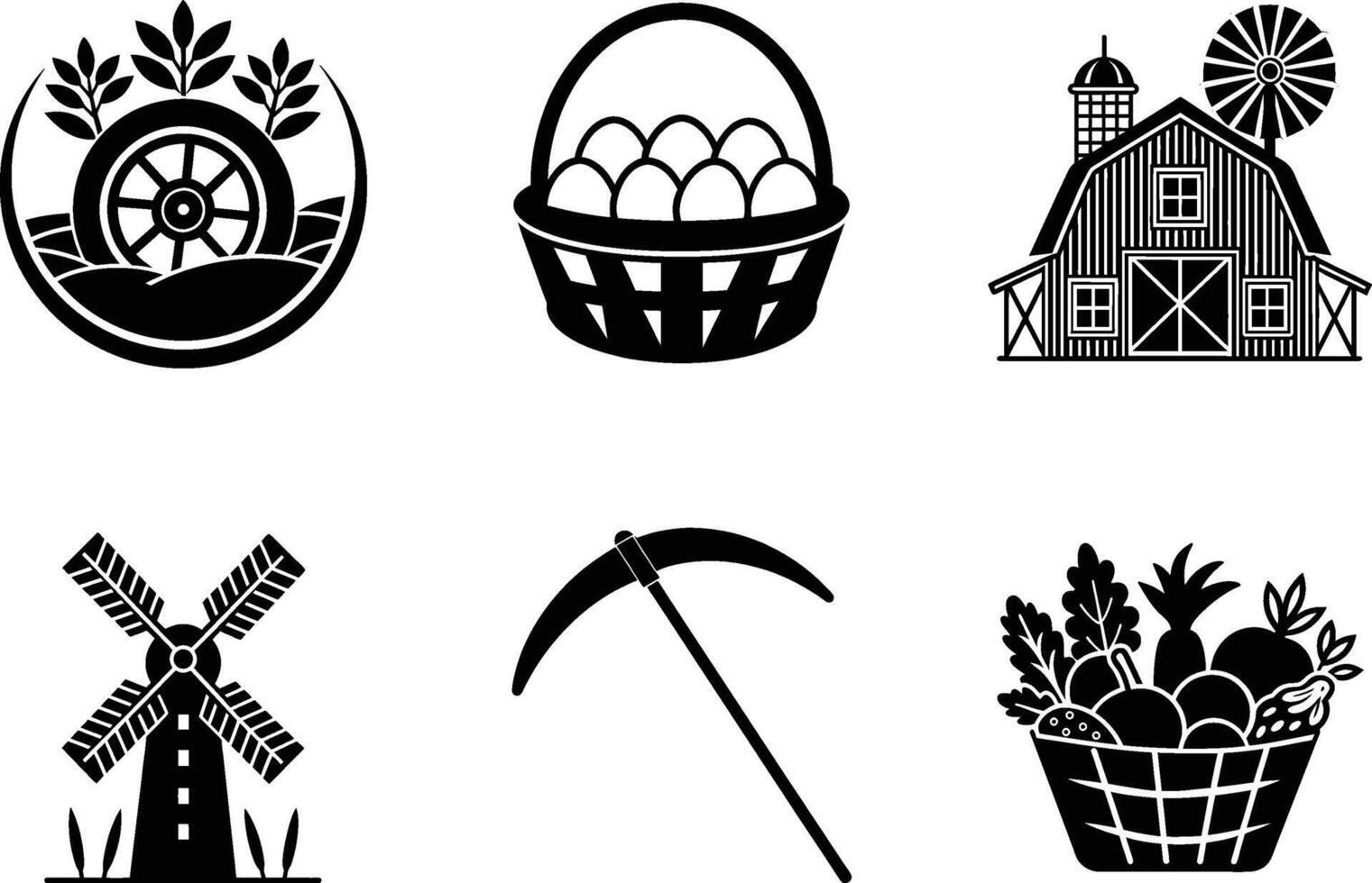 Farm Icons Wheel, Eggs, Barn, Windmill, Scythe, Produce vector