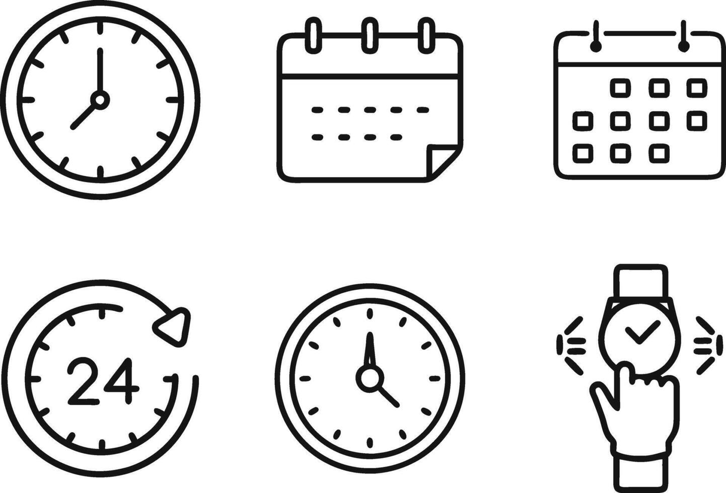 Time Management Icons Clocks, Calendars, and 247 Availability vector