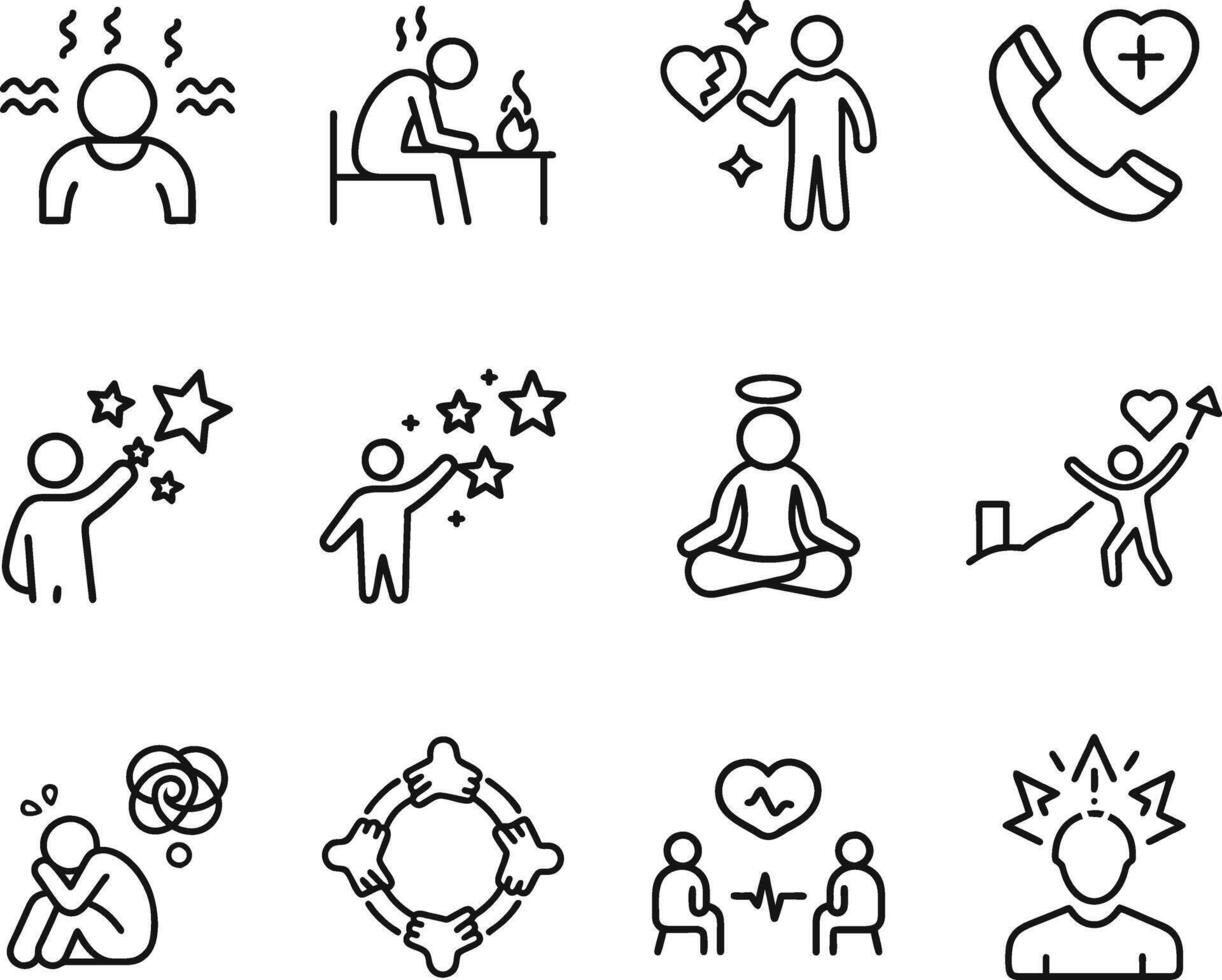 Mental Health Icons Stress, Healing, Support, and Wellbeing vector