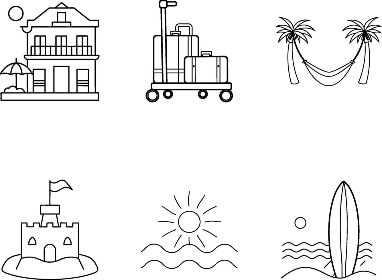 Vacation Icons Hotel, Luggage, Hammock, Sandcastle, Ocean, Surfboard vector