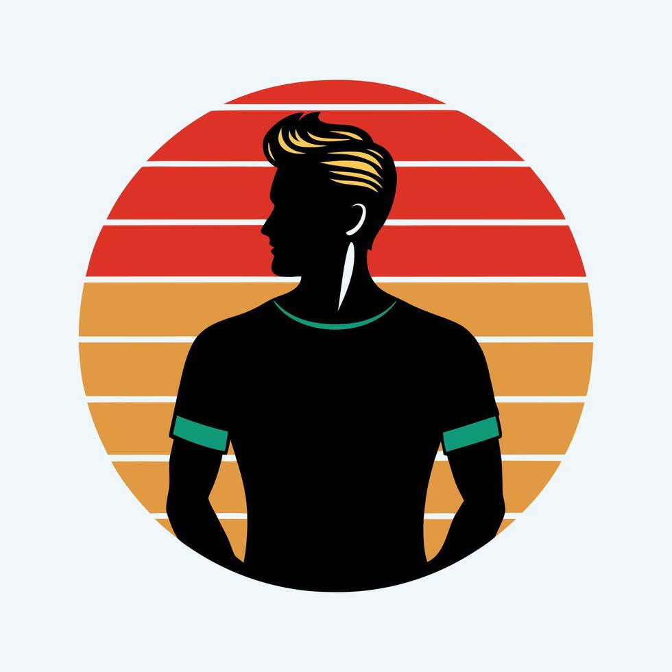 Retro Sunset Silhouette Stylish Man, Cool Hair, Casual Tee vector