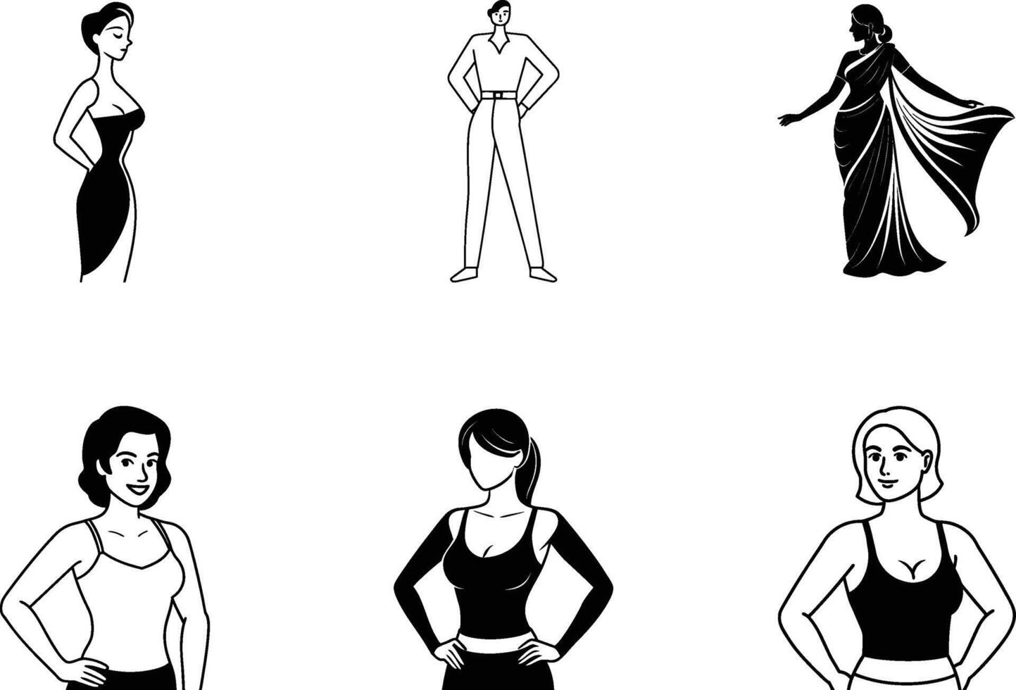 Stylish Womens Fashion Dresses, Sarees, and Fitness Attire vector