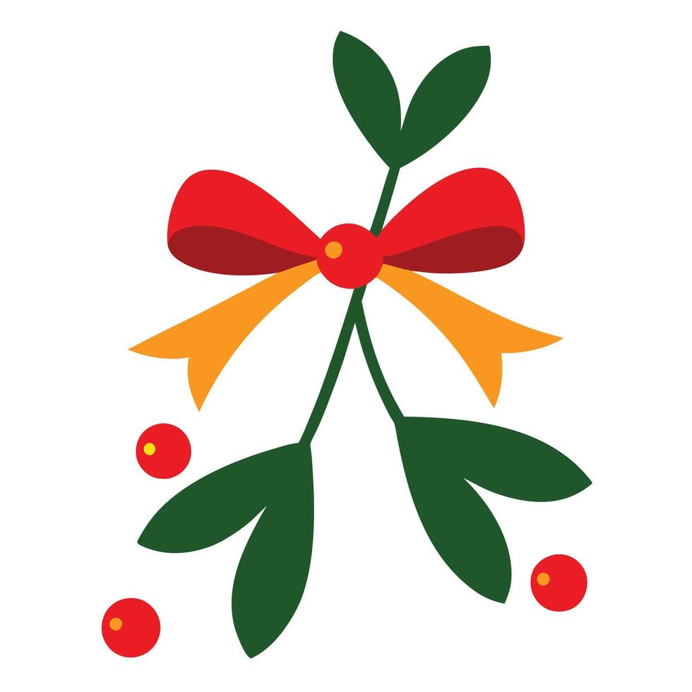 Mistletoe Sprig with Red Bow, Festive Christmas Decor vector