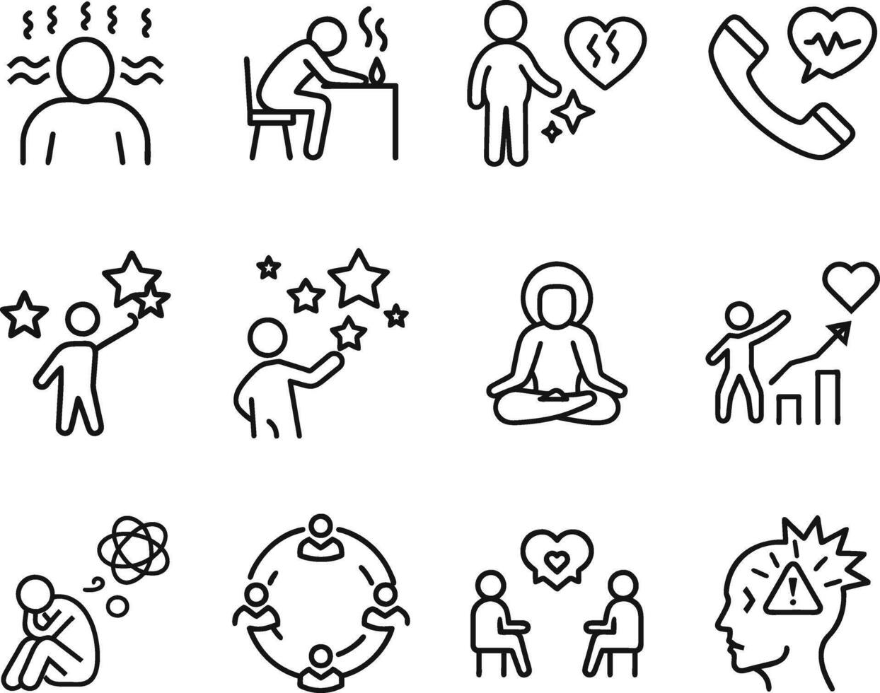 Mental Health Icons Stress, Anxiety, Healing, Support, and Growth vector