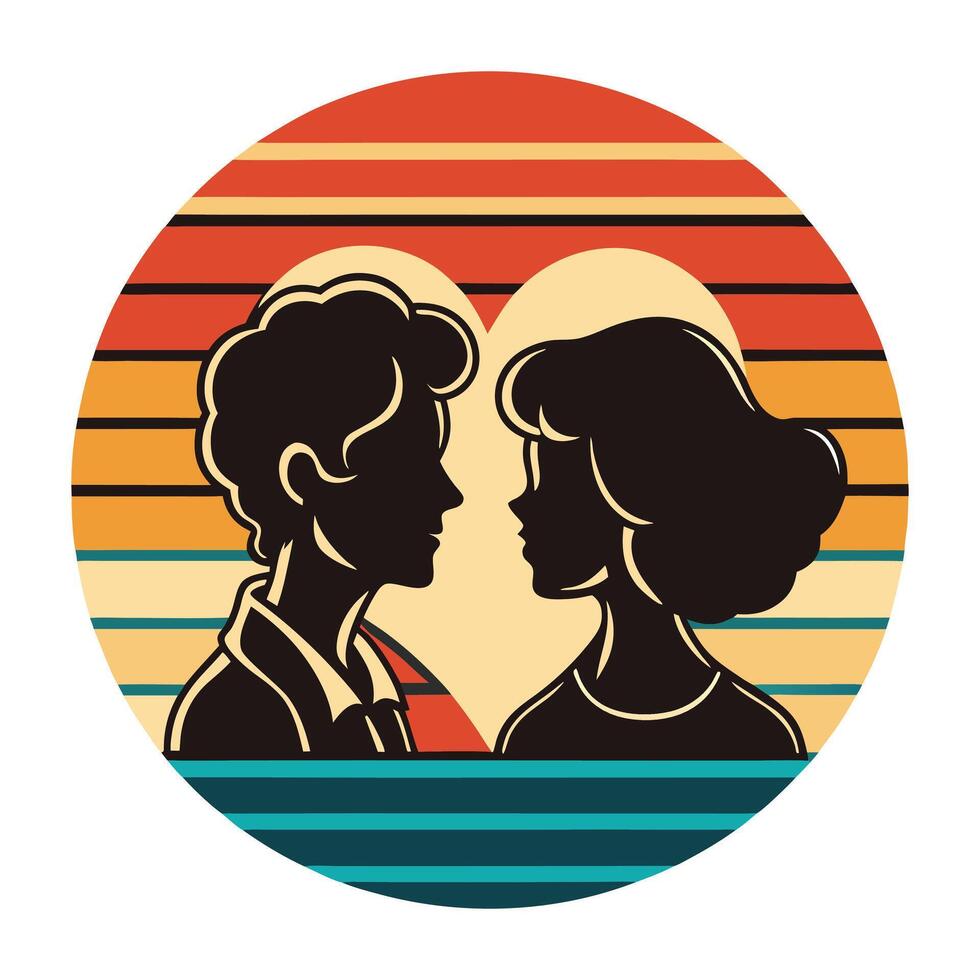 Retro Sunset Silhouette Couple Romance Love Heart Graphic Design vector
