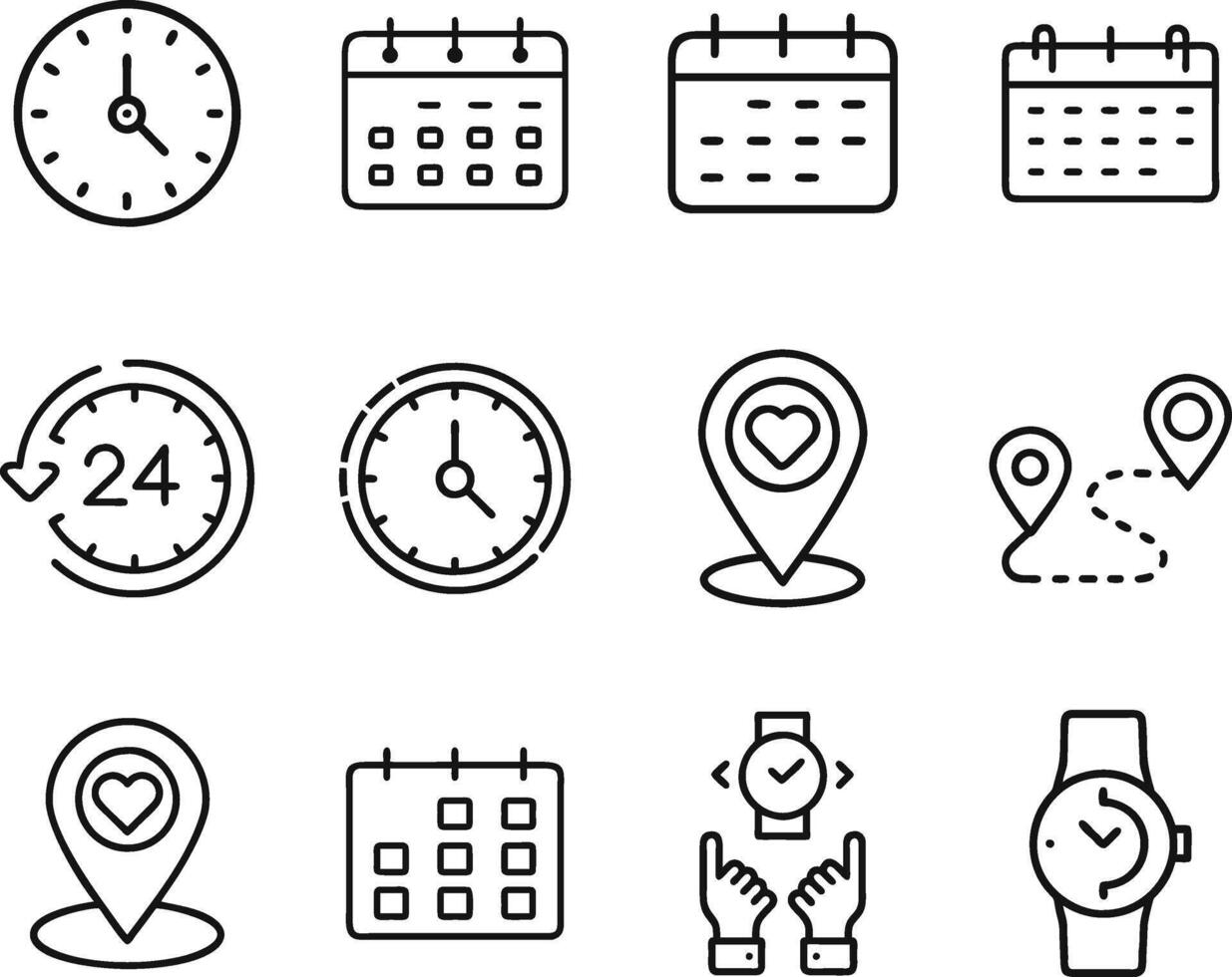 Time Management Icons Clocks, Calendars, Location, and 247 vector