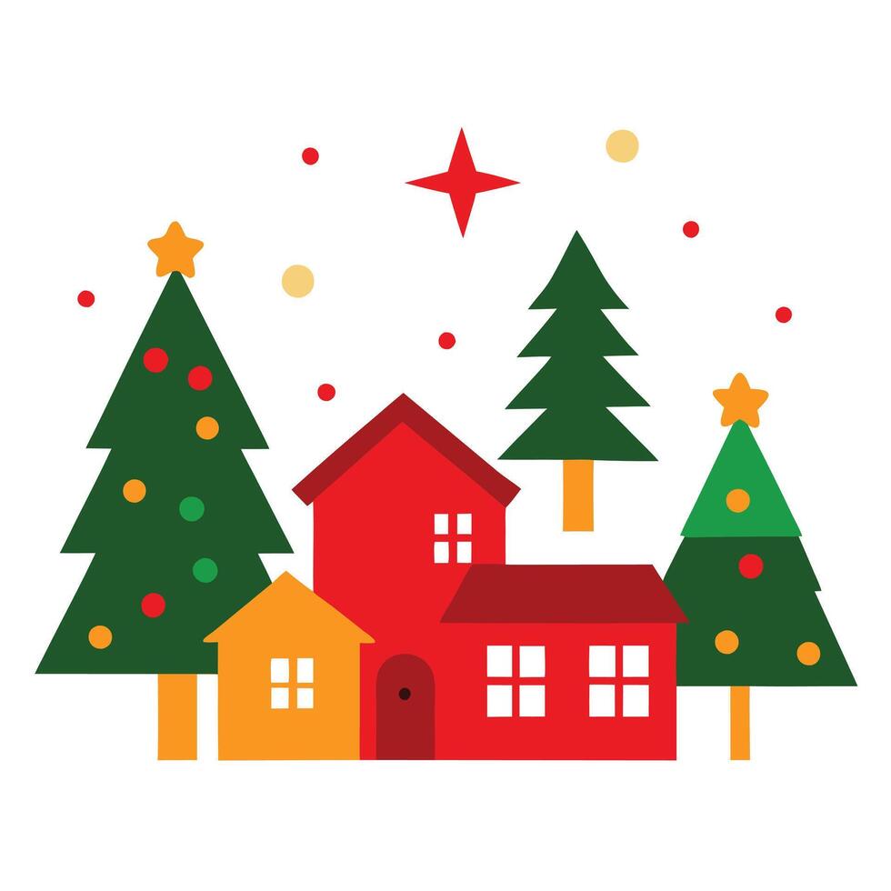 Christmas Village Scene Festive Houses, Trees, and Star vector