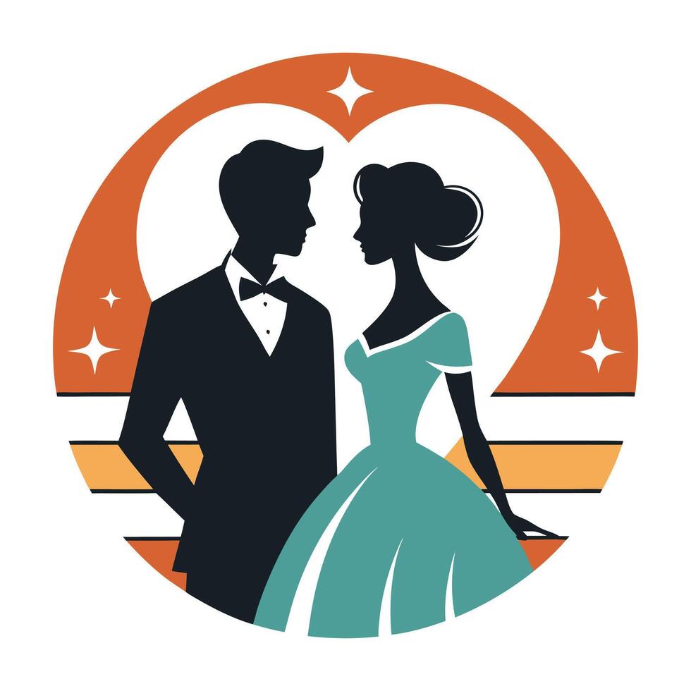Retro Couple Silhouette Wedding Romance Heart Design Art vector