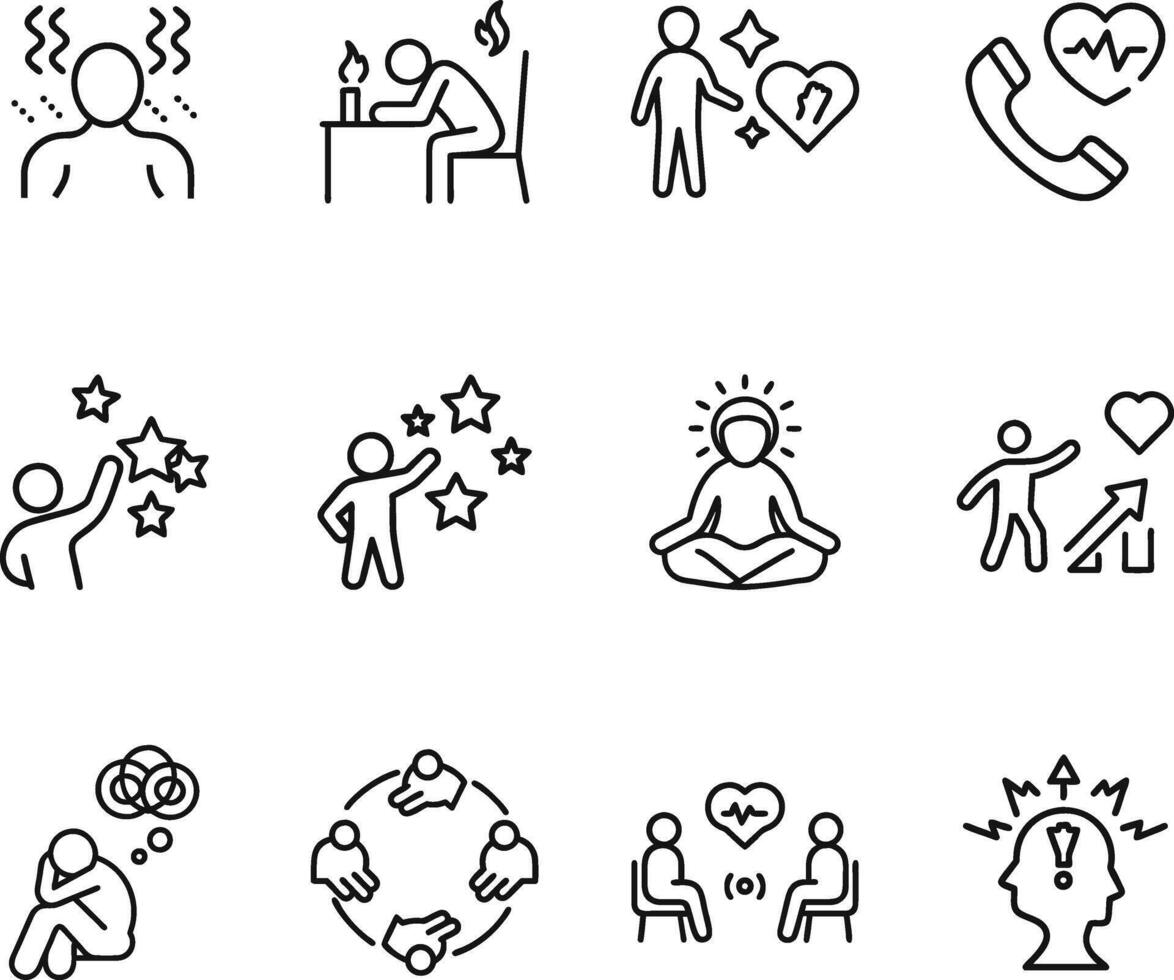 Mental Health Icons Stress, Anxiety, Support, Healing, and Growth vector