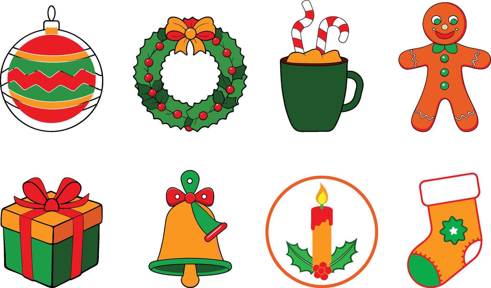 Christmas Icons Ornament, Wreath, Hot Cocoa, Gingerbread, Gift, Bell, Candle, Stocking vector