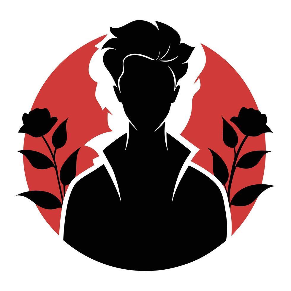 Silhouette Portrait Young Man, Roses, Red Circle Background vector