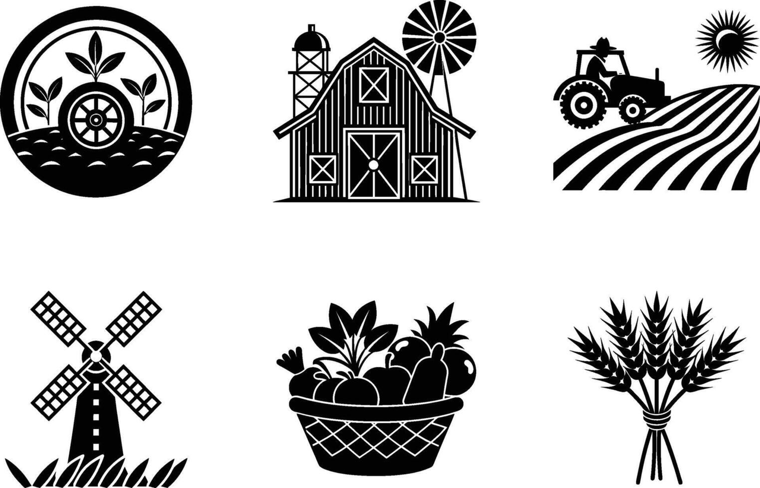Farm Icons Barn, Tractor, Windmill, Wheat, Produce, Agriculture vector