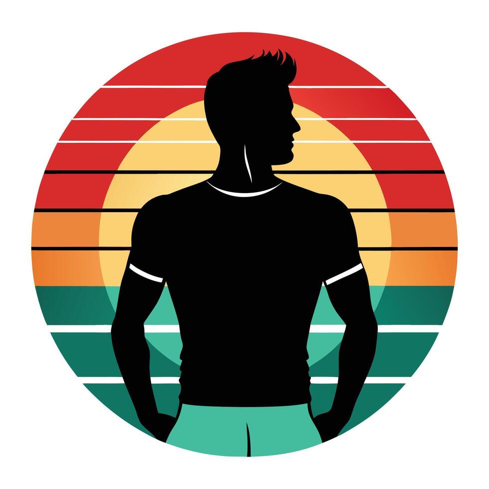 Retro Sunset Silhouette Muscular Man Summer Fitness Design vector