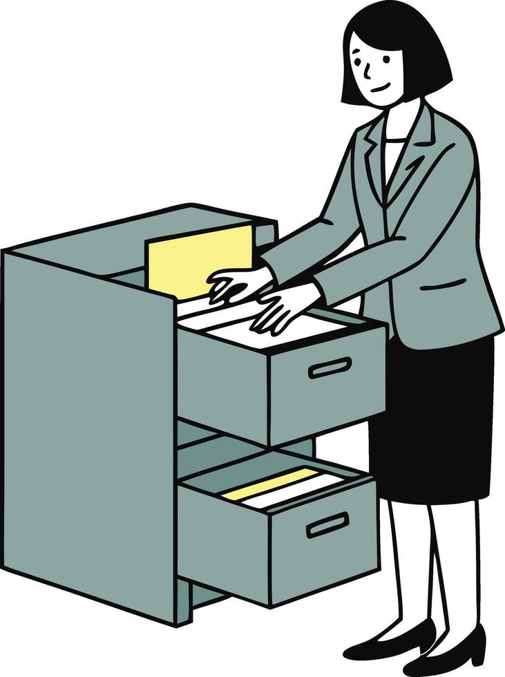 Businesswoman Filing Documents in Office Cabinet Drawers vector