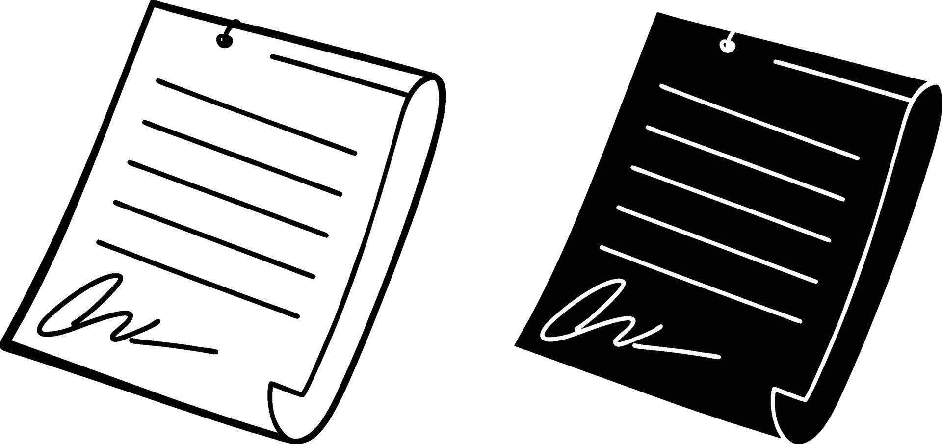 Signed Documents Pinned Note Paper, Black White Illustrations vector