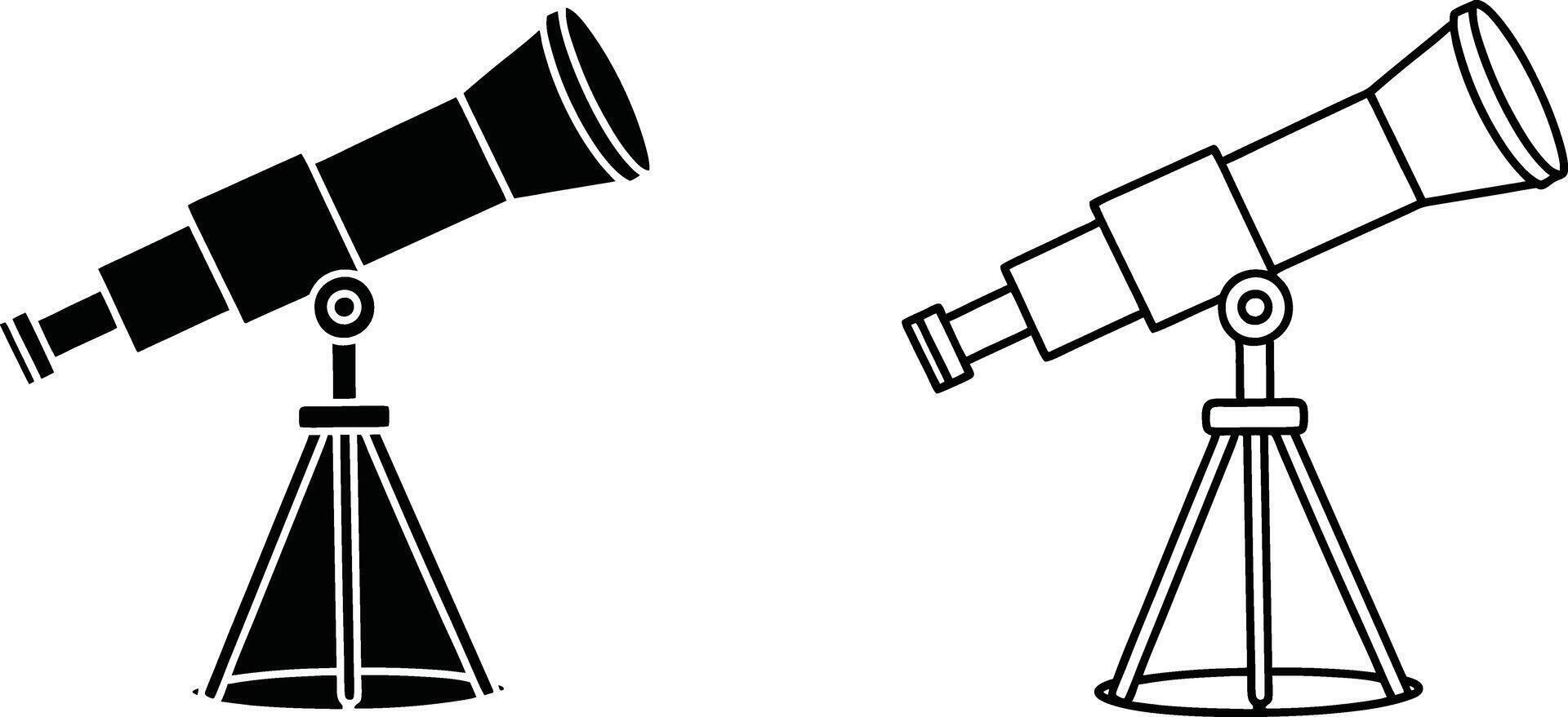 Telescope Icons Black, Outline, Astronomy, Observation, Space, Exploration, Science, Discovery, View vector