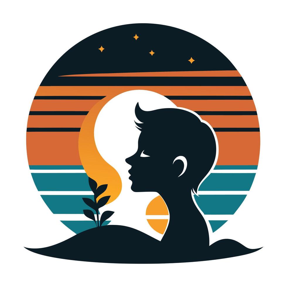 Sunset Silhouette Childs Profile, Peaceful Ocean, Starry Night vector