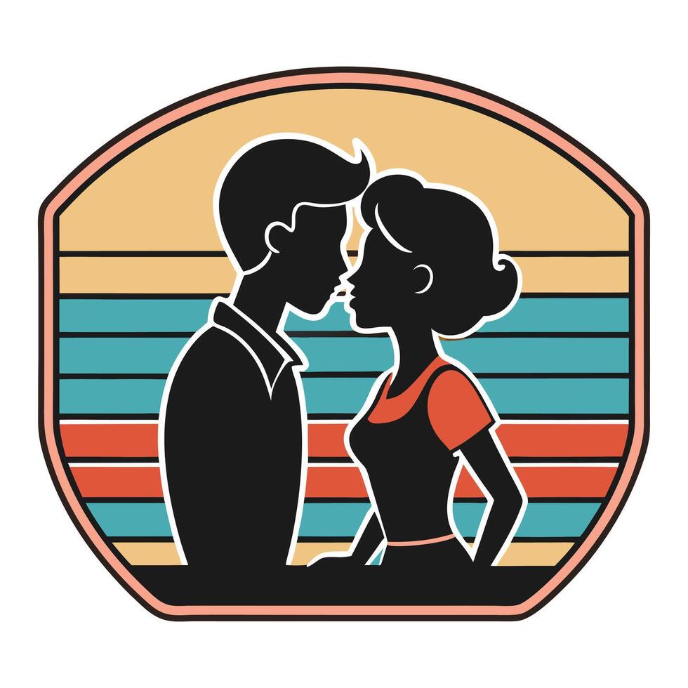 Retro Couple Silhouette Romantic Kiss Vintage Sunset Design vector