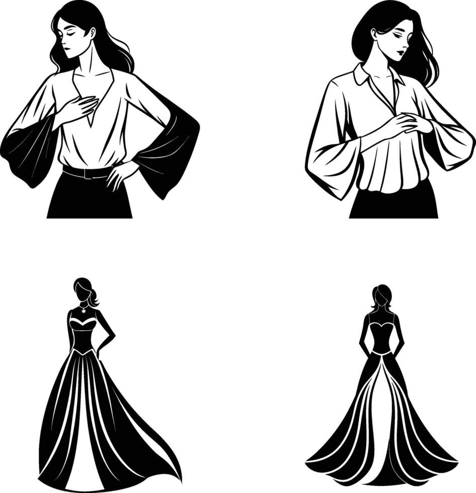 Elegant Womens Fashion Silhouettes Dress, Blouse, Style vector