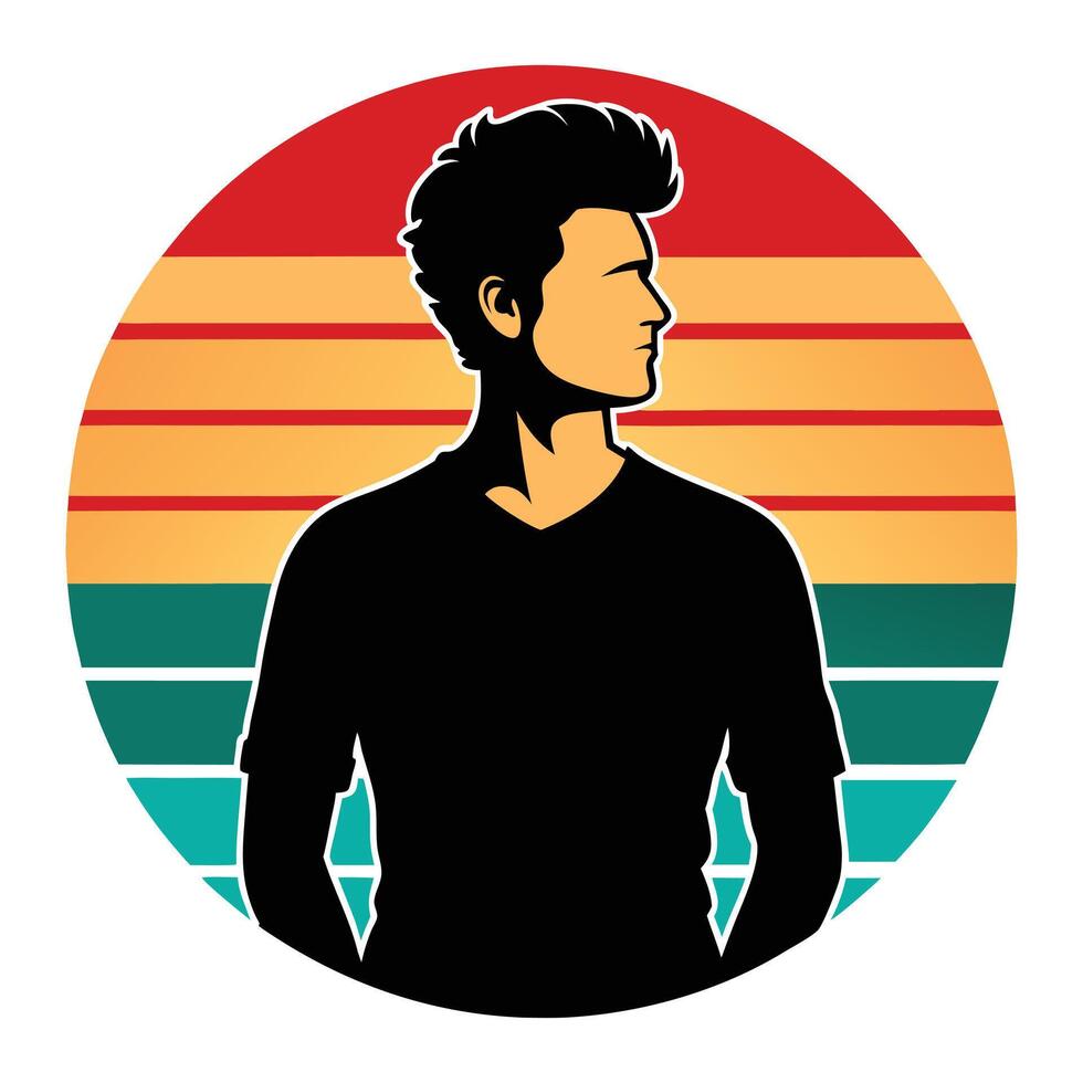 Retro Sunset Silhouette Stylish Man Profile, VNeck Shirt, Cool Hairstyle vector