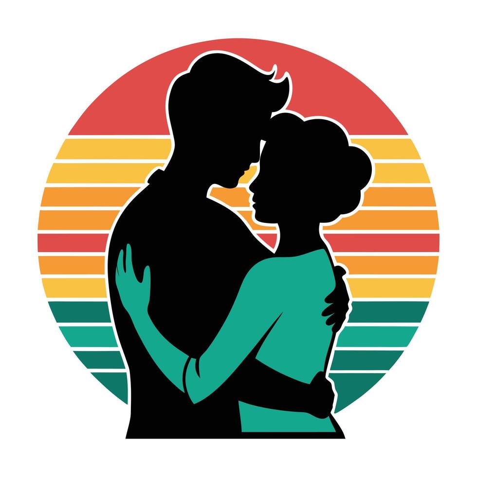 Romantic Couple Silhouette Embrace Sunset Retro Vintage Love Art vector
