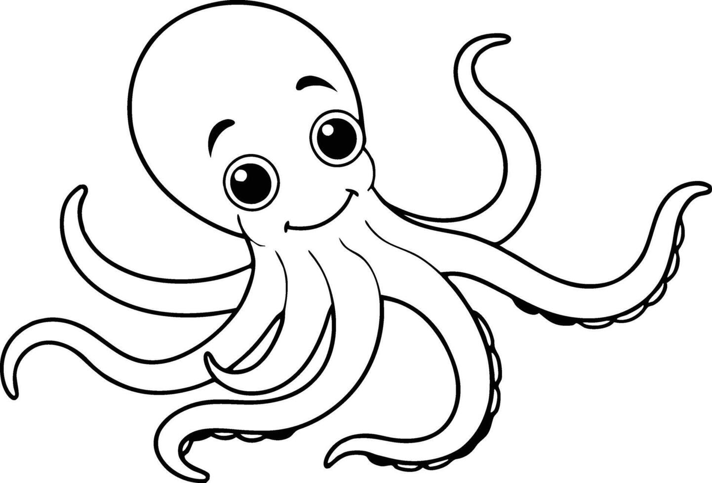 Adorable Cartoon Octopus Coloring Page, Ocean Animal, Sea Creature, Eight Tentacles, Marine Life, Un vector