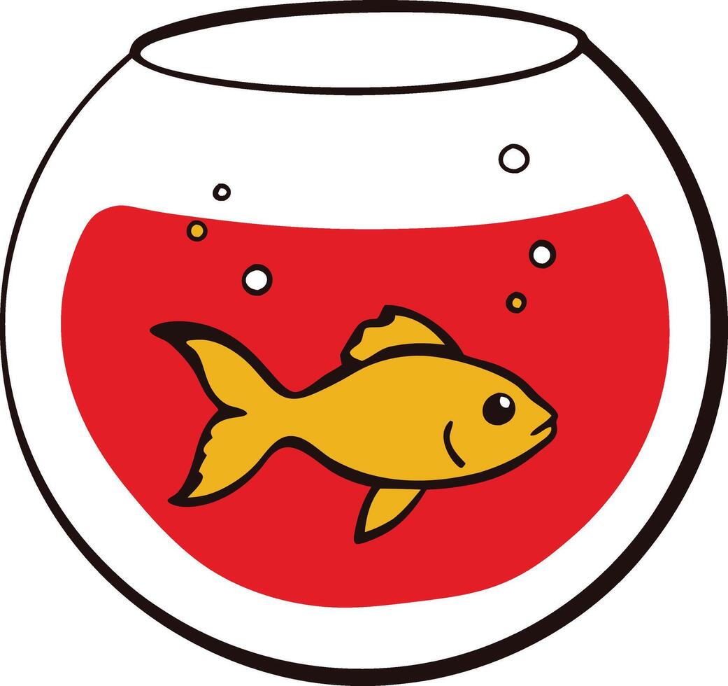 Single Goldfish Swimming in Red Round Glass Bowl vector