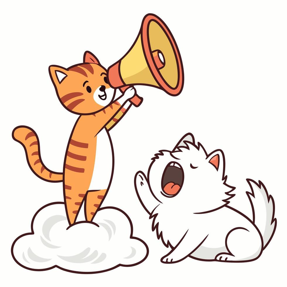 a cat and dog are standing on a cloud and holding a megaphone vector