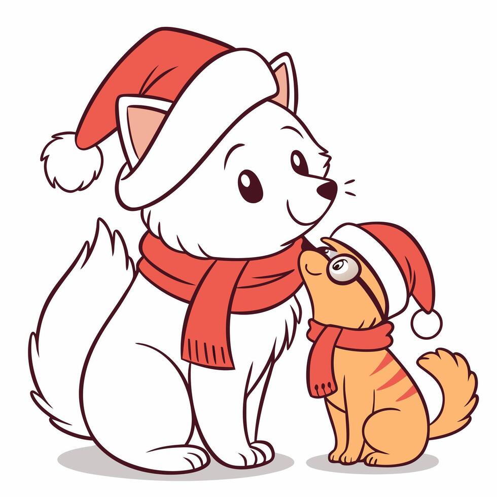 a cartoon dog and cat wearing santa hats vector