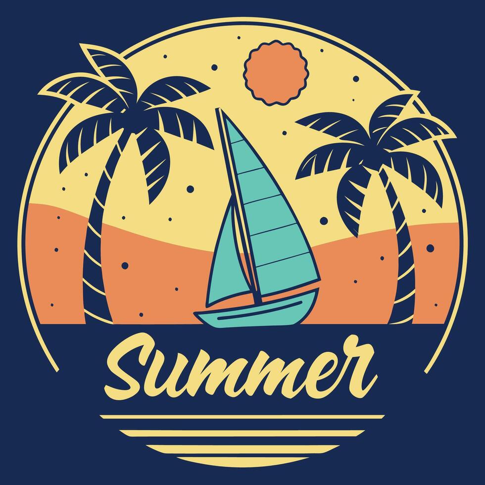summer with sailboat and palm trees T-Shirt Design vector