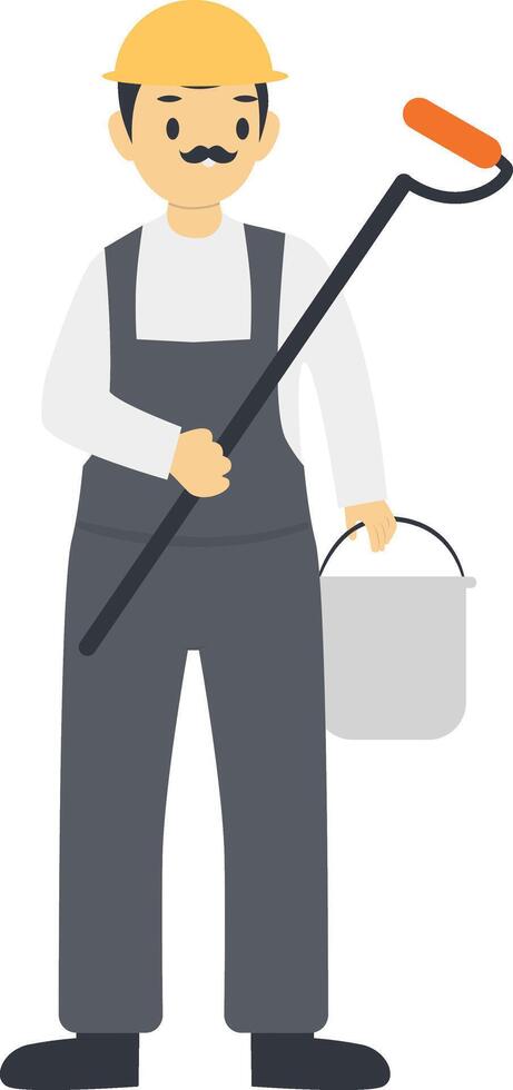 Construction Man Carrying Paint Roller and Bucket vector