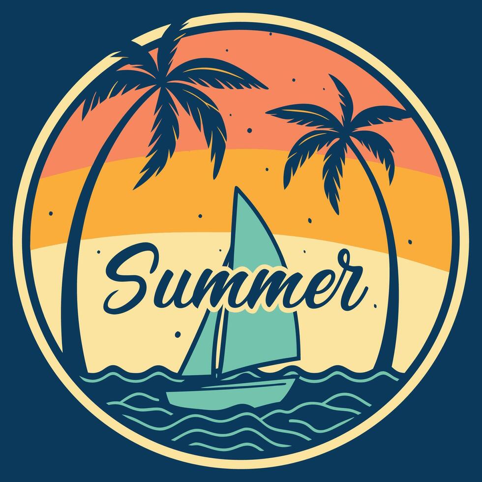 summer with sailboat and palm trees T-Shirt Design vector