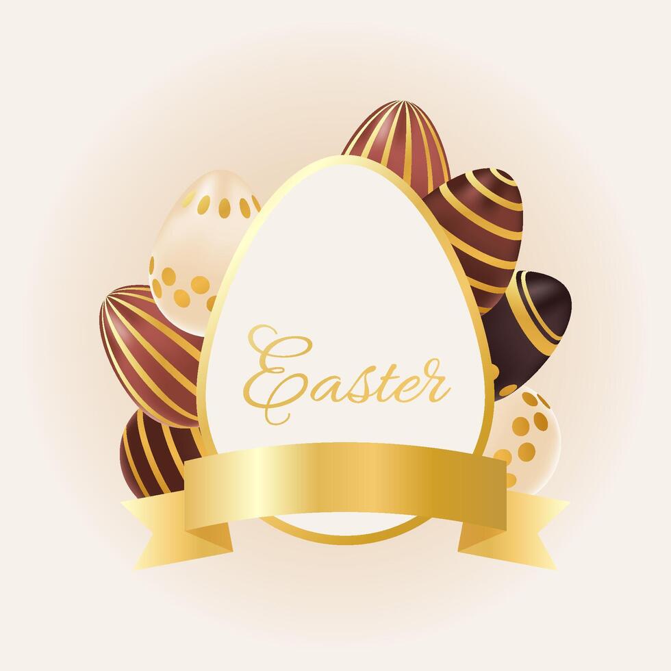 Happy Easter day card with realistic chocolate golden eggs. Holiday greeting poster. Spring illustration. Design for banner, flyer, social media, brochure, presentation, invitation vector