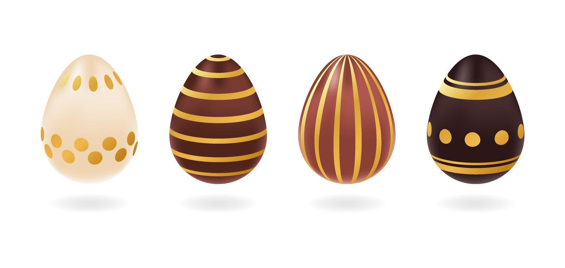 Set of realistic eggs in white, milk and dark chocolate with different golden patterns. Isolated illustration on white background. Children dessert, Easter template vector