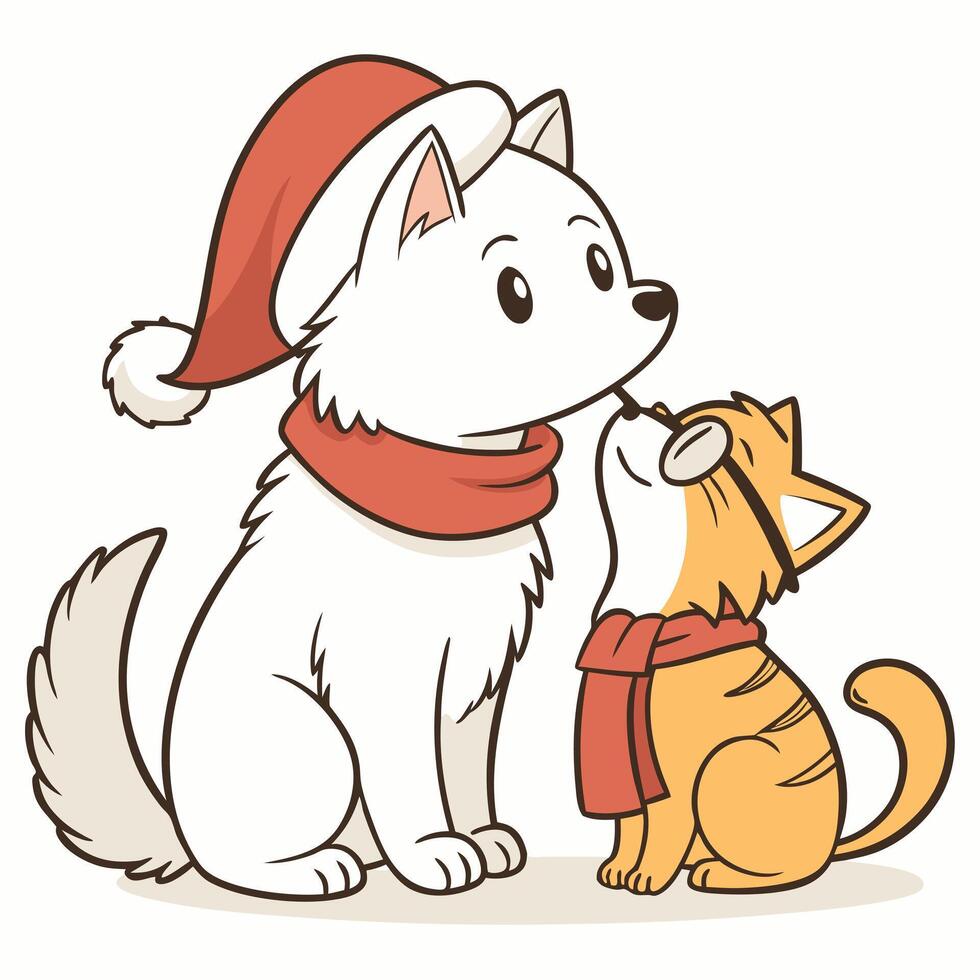a cat and dog wearing santa hats vector