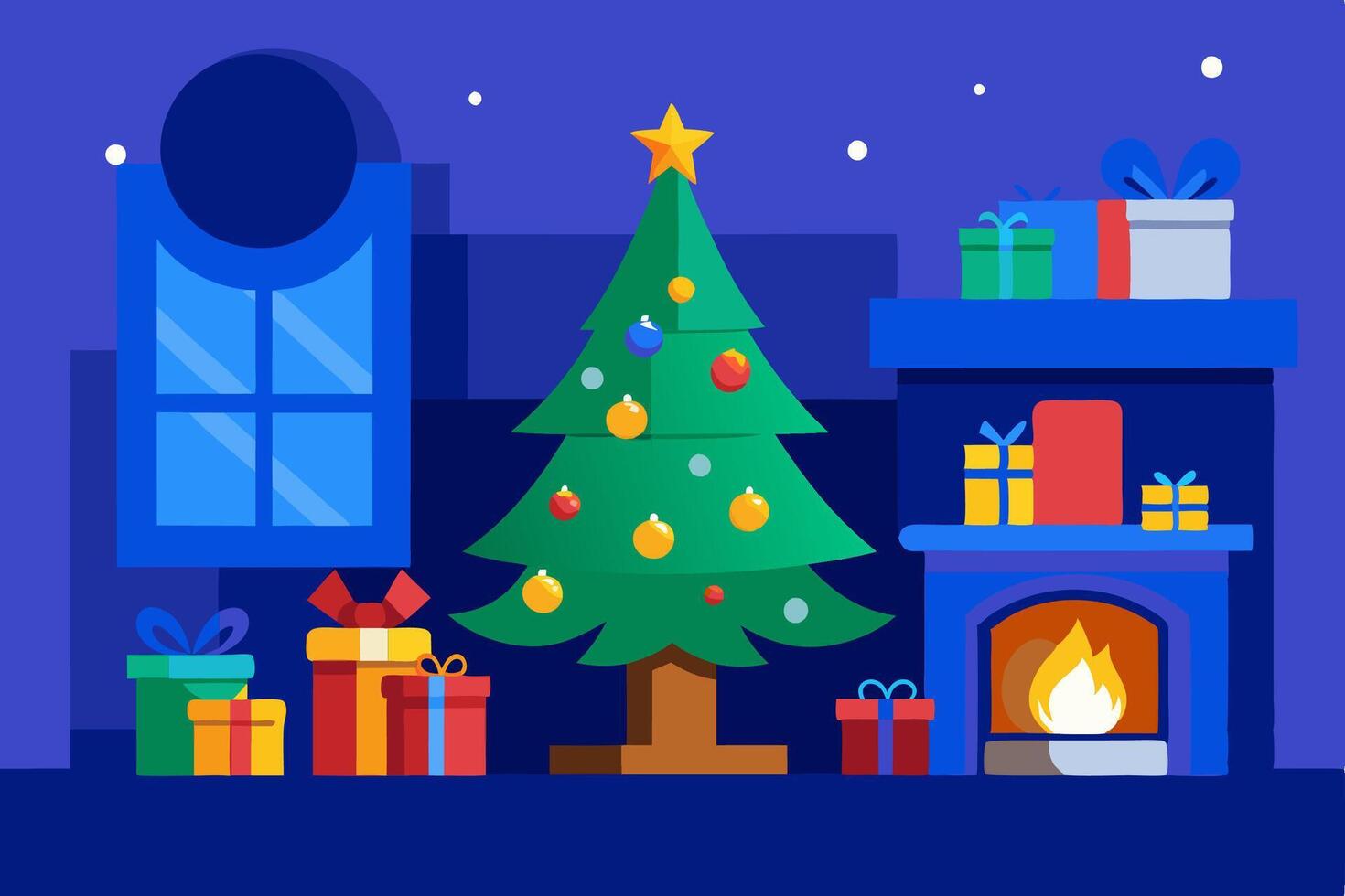 christmas tree and presents in front of fireplace vector