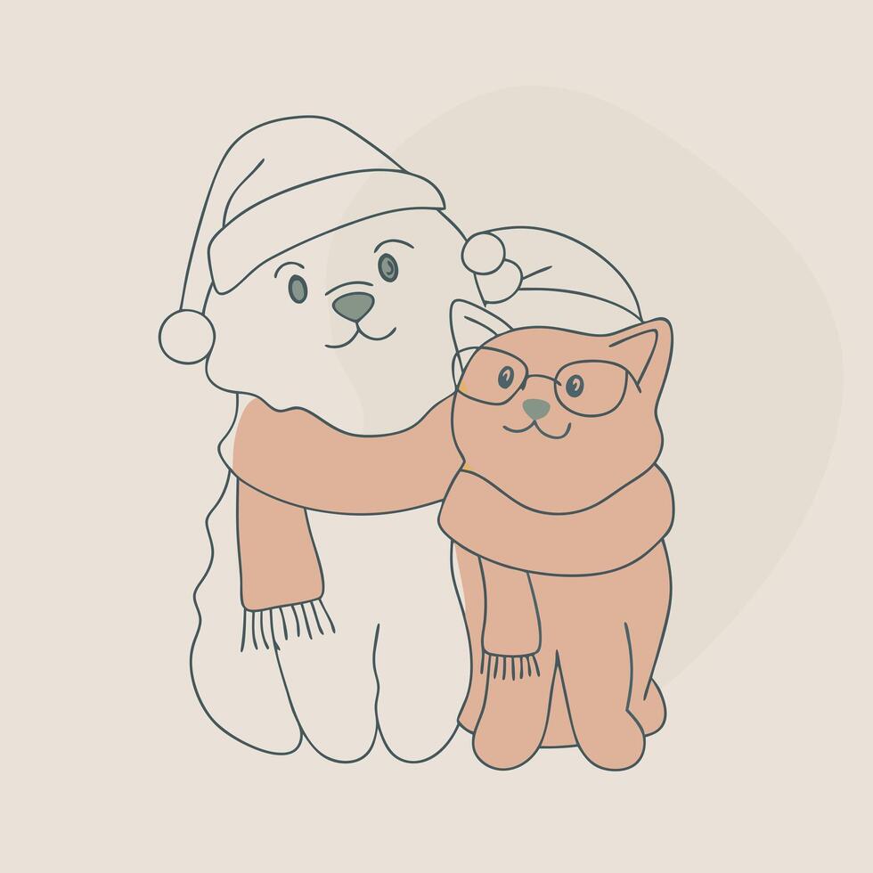 a cartoon dog and cat wearing winter clothes vector