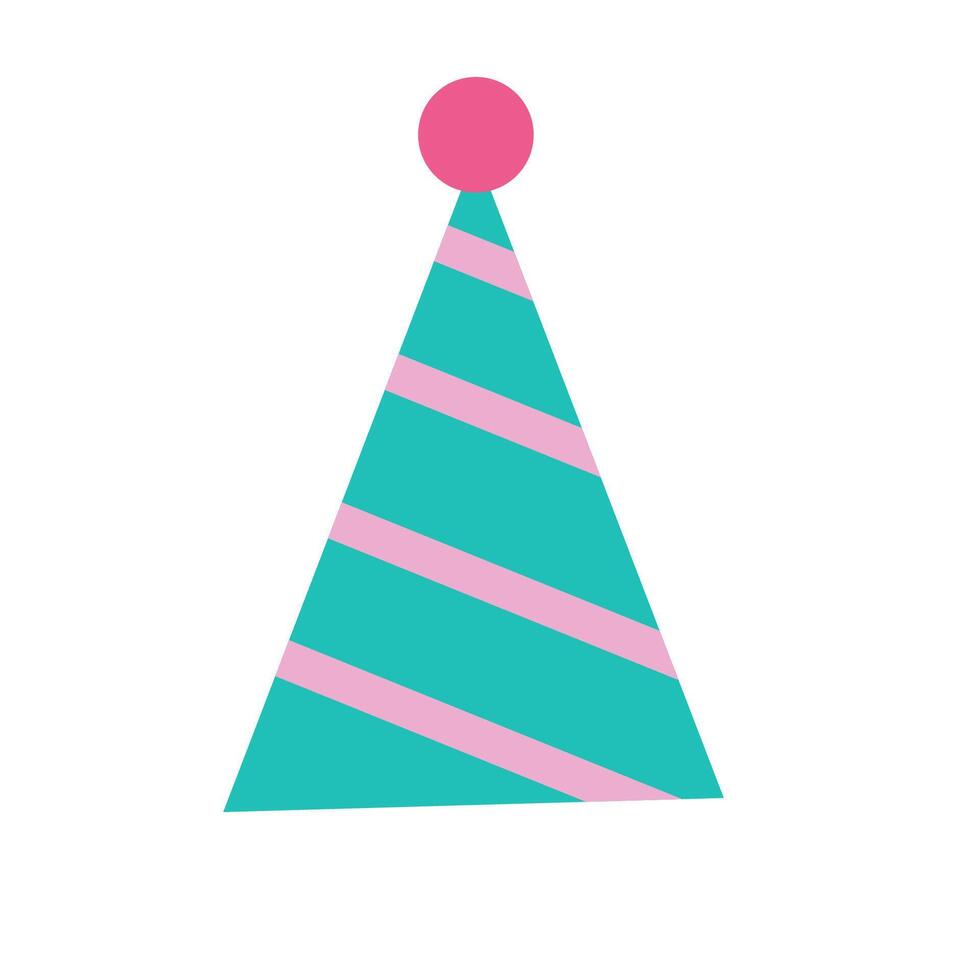 A turquoise party hat with pink stripes and a pom-pom on top. Classic party accessory. vector