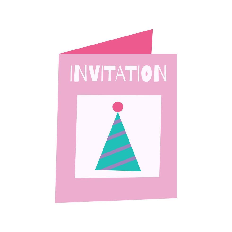 A pink party invitation card with a hat design on the cover. Essential for event announcements. vector